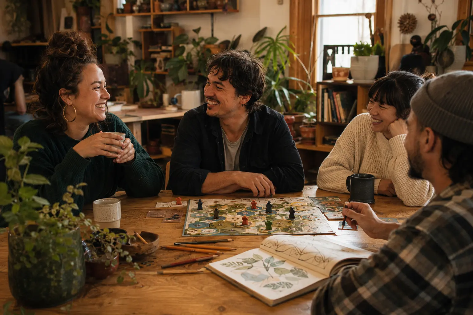 Adults talking and playing a board game in a warm Auckland community room