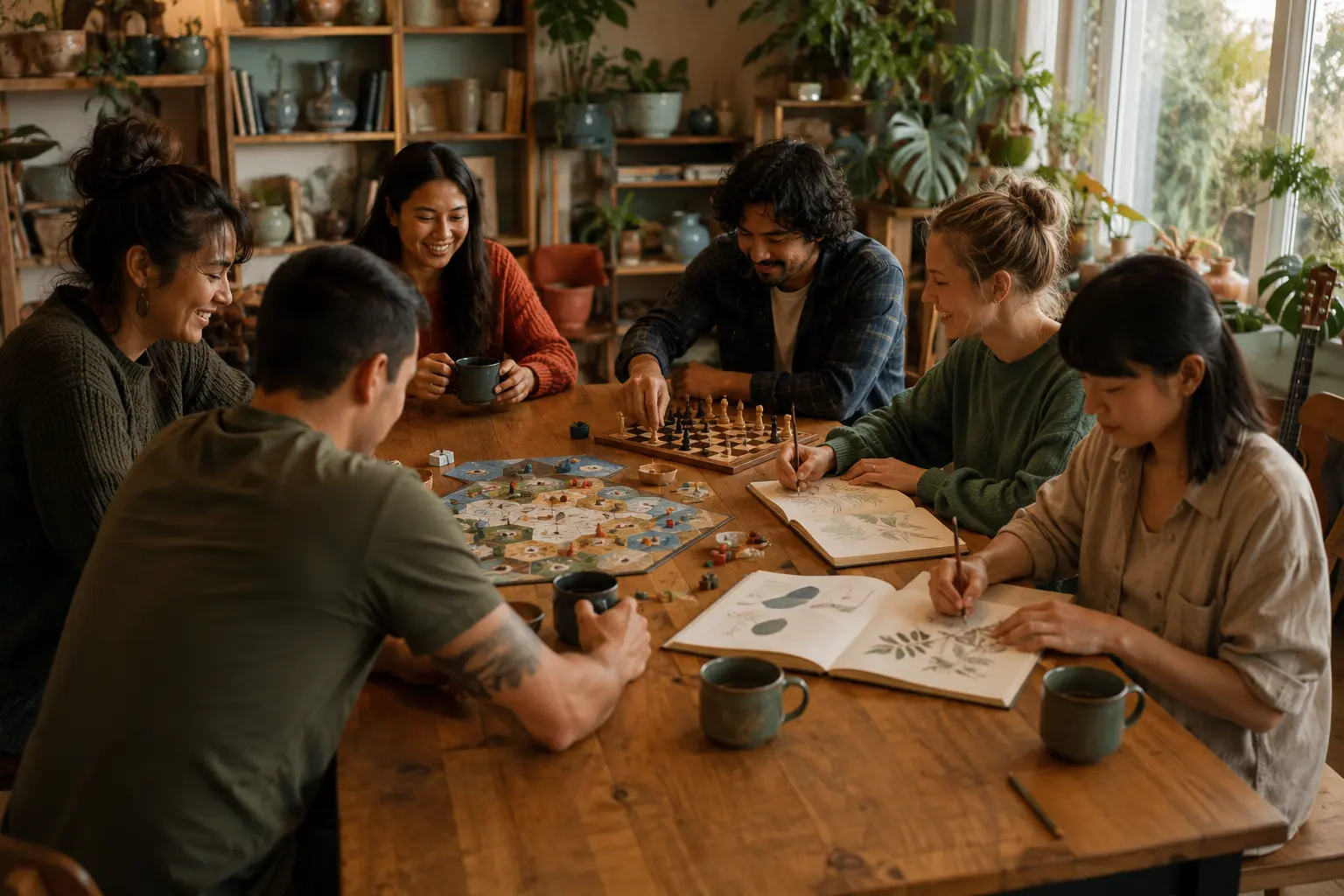 Adults sharing games, drawing and music activities around a community table