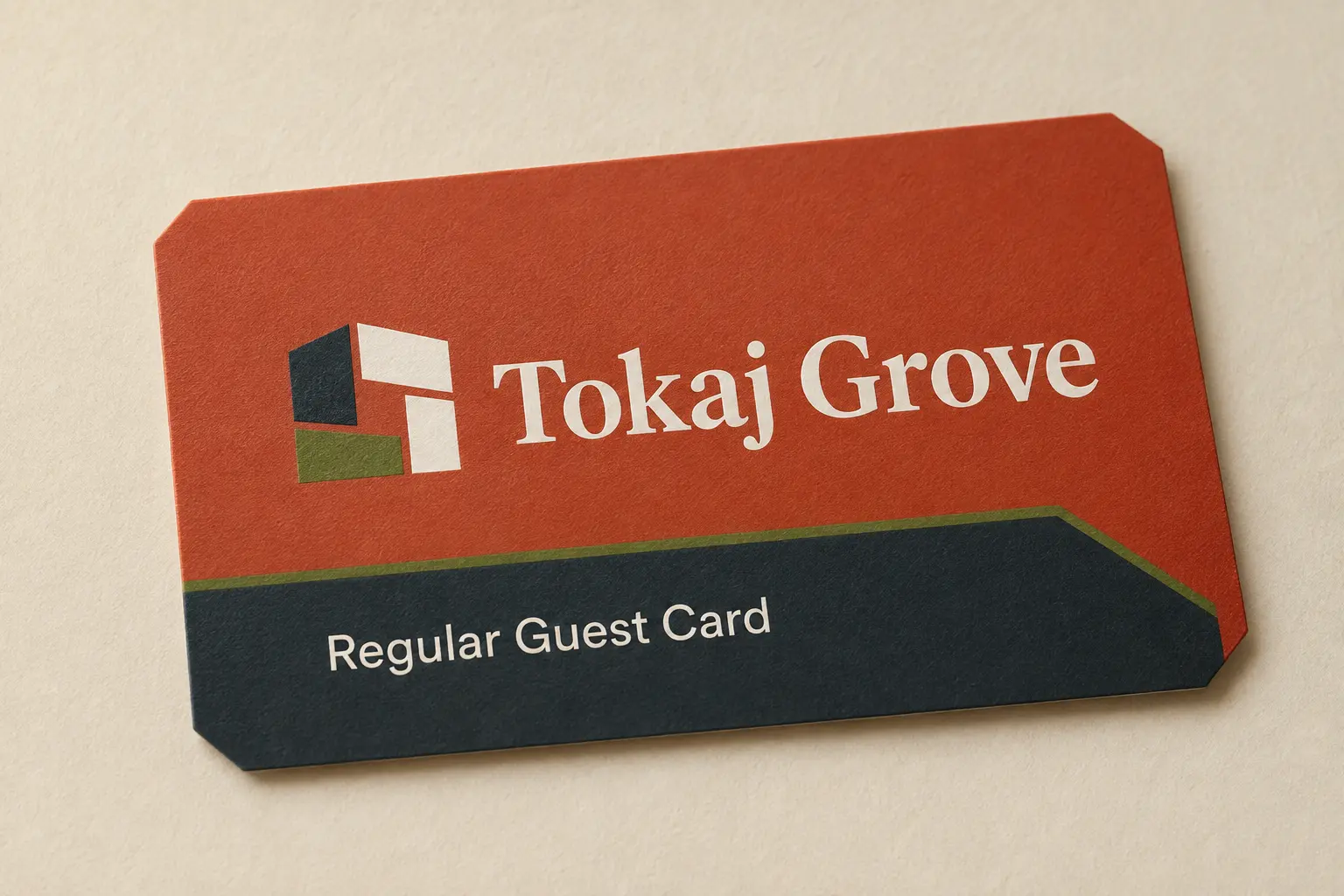 Tokaj Grove branded Regular Guest Card in paprika, navy and olive