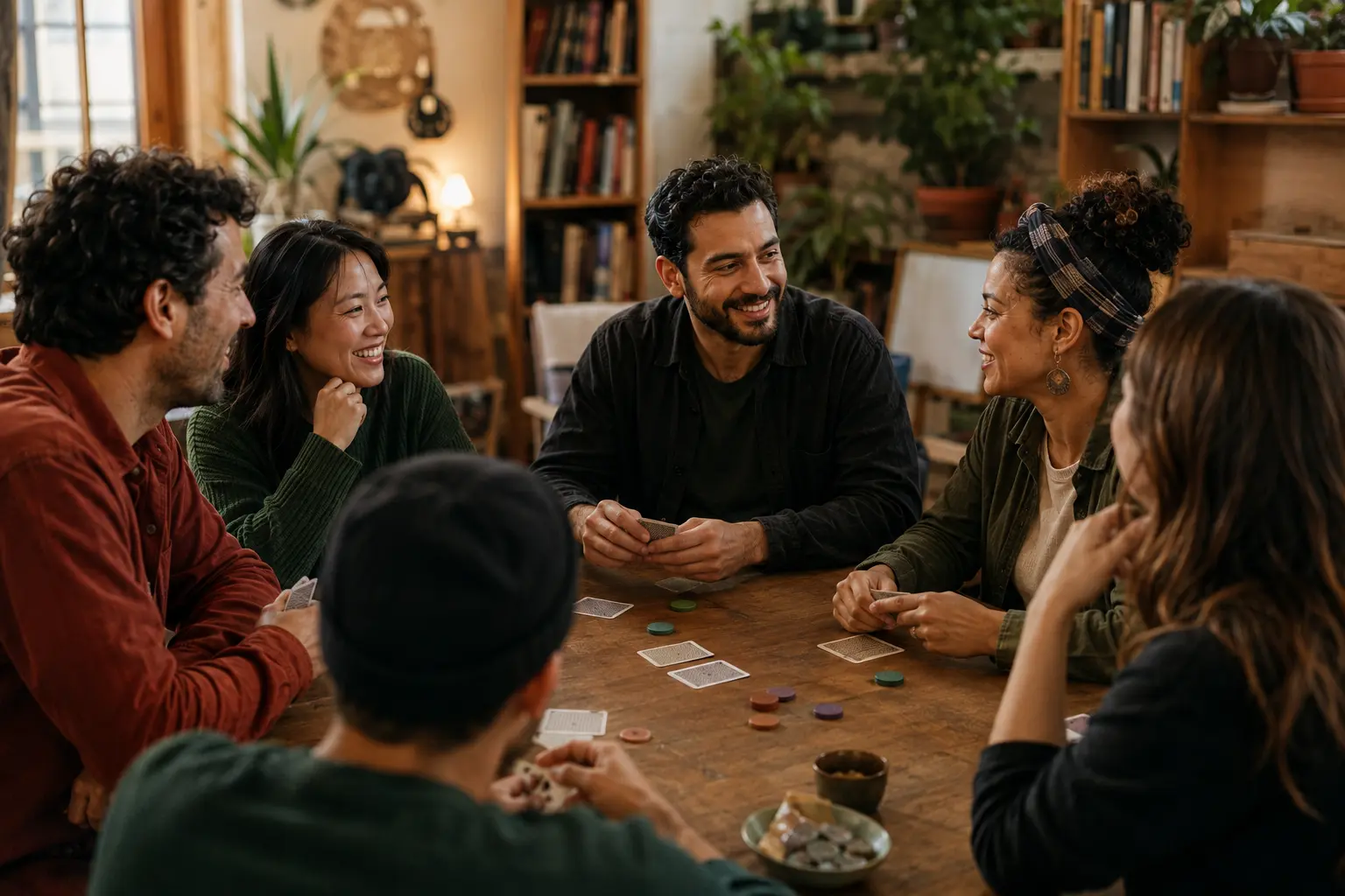 Adults enjoying an in-person social card game around a wooden table